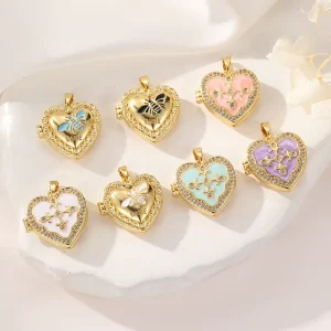 Fashion Enamel Heart Shape Photo Box Pendant 14K Gold Plated Bee Pattern Can Be Open Picture Box Charm Diy Jewelry Accessories