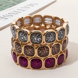 Fashion Enamel Tile Bead Bracelets with Leopard Print Stretch Rhinestone Elastic Bracelets for Girls Women