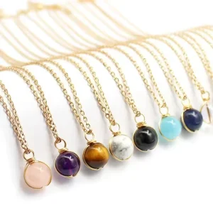 Fashion European American Trendy Gold Plated Alloy Natural Crystal Agate Aquamarine Bead Link Wire Wrapped Pendant Necklace