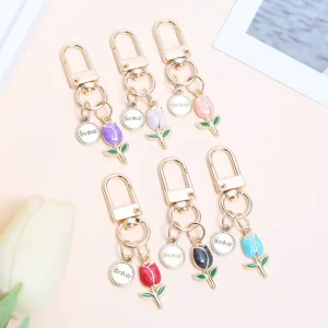 Fashion European and American Zinc Alloy Colorful Tulip Keychain Cute Minimalist Forever Letter Pendant Womens Bag Charm