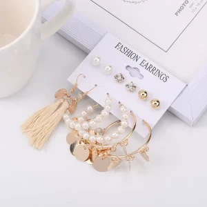 Fashion Exaggerated Pearl Earrings Crystal Metal Earrings 6-Pair Set Stud Earrings for Women