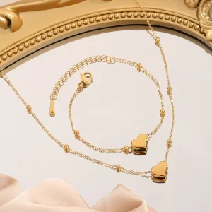 Fashion Explosion Simple INS Glossy Heart Stainless Steel Necklace Women’s 18K Gold Collarbone Necklace Bracelet Set