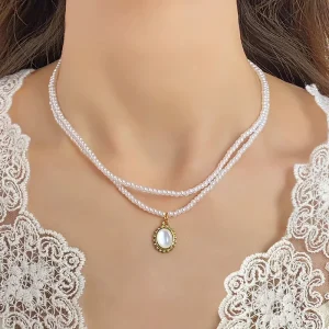 Fashion Exquisite Double-layer Pearl Necklace with Charming Round Pendant Versatile Beaded Jewelry for Ladies