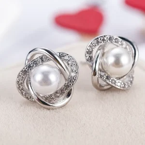 Fashion Factory Jewelry Bridal Earring Imitate Rhodium Plated Round Zirconia Pearl CZ Stud Earrings for Women Wedding