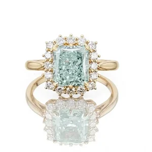 Fashion Fancy Intense Green IGI Certified Radiant Cut Lab Grown Diamond 18K Gold Hand craved Engagement Ring with Halo Design