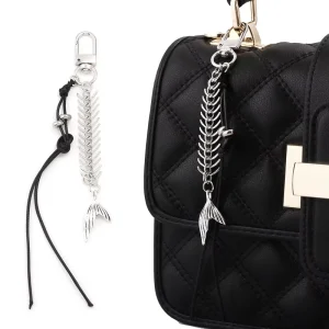 Fashion Fishbone Black Rope Keychain Punk Keyring Pendant Backpack Decoration Charm Jewelry Hanging Ornament
