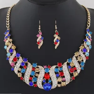 Fashion Flashing Wedding Party Gift Yellow Tri Color Mixed Crystal Stone Iridescent Rhinestone Jewelry Sets For Women