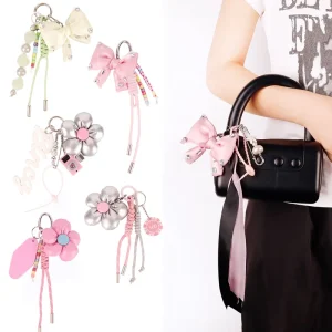 Fashion Flower Bow Bag Charms Colorful Ribbon Keychain with Rhinestone Accents Cute Handbag Accessories for Women Girls