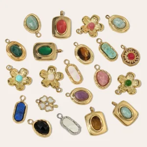 Fashion Flower Charm Natural Stone DIY Accessories Stainless Steel Pendant Necklace Bracelet Accessory Pendant