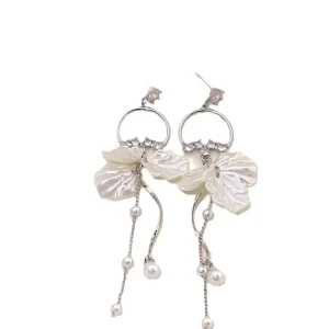 Fashion Flower Crystal Long Tassel Dangle Gold Plated Earrings Women Trend Drop Pearl Vintage White Wedding Jewelry Gifts