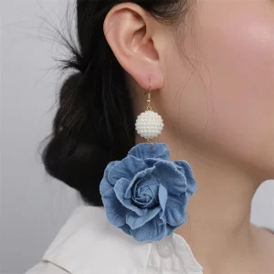 Fashion Flower Hoop Earring Jewelry Pearl Camellia Denim Drop Dangle Earrings Blue Fabric Earrings for Women Girls