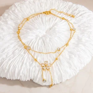 Fashion Foot Jewelry Anklet with Zircon Tassel Flower Pendant 18K Gold Stainless Steel for Women