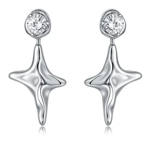 Fashion Forward Brass Platinum Plated Inlay Zirconia Four Pointed Star Drop Earrings Women’s Jewelry Factory