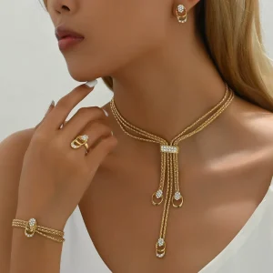 Fashion French Alloy Jewelry Set for Women Diamond Chain Fashion Earrings Necklace Bracelet Ring 4 piece Set for Wedding or Gift