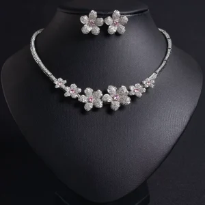 Fashion Full Cubic Zirconia Flower Design 2PCS Necklace Earrings Set Women Party Jewelry Costume Accessories S-0109