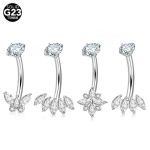 Fashion G23 Titanium 18K Gold Plated Internally Threaded Flower Design Belly Piercing Jewelry Curved Barbell Dual Cubic Zirconia