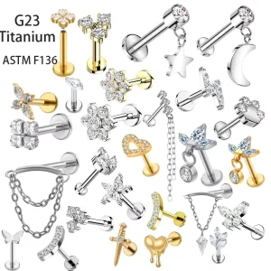 Fashion G23 Titanium ASTM F136 Body Piercing Jewelry 16G Internal Thread Labret Pendant Lobe Ear Ring Helix Earring Stud