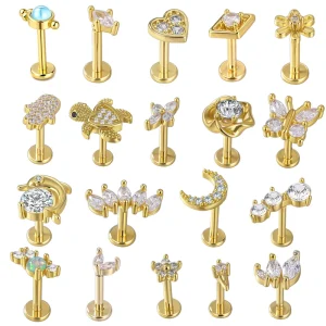 Fashion G23 Titanium Labret Studs Inlaid Zircon Heart Butterfly Moon Shape Internal Thread Lip Piercing Ear Cartilage Jewelry