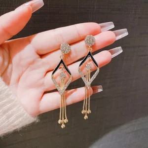 Fashion Geometric Hollow Long Tassel Brilliant Cut Diamond Earrings Shiny Rhinestone Micro Insert Dangle 14K Gold Plated Zinc
