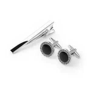 Fashion Gifts Accessory Men Black Enamel Engraved the Great Wall Grain Cufflink Tie Clip Sets