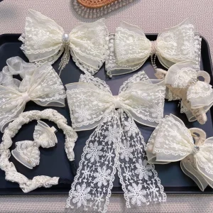 Fashion Girls Hair Accessories Head Jewelry White Color Lace Hair Glip Elegant Pearls Rhinestone Hair Bow Clip