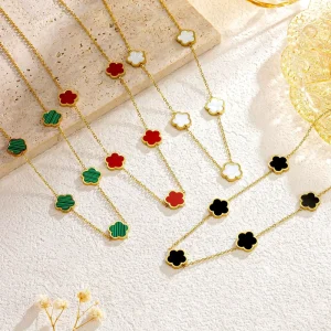 Fashion Glamour Women’s Jewelry Necklace Light Luxury 18K Five leaf Flower Necklace Instagram Flower Necklace Stud Bracelet
