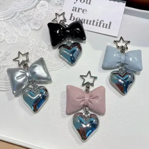 Fashion Glossy PU Bow Keychain Star Clasp Metallic Heart Charm Bag Pendant Gift Accessories