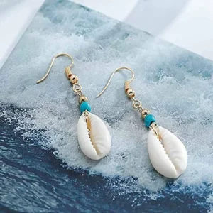 Fashion Gold Beads Turquoise Drop Earrings White Shell Dangle Earrings for Women Seaside Vacation Beach Party Jewelry Gift
