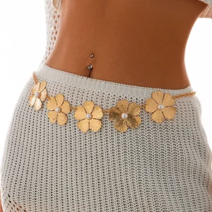 Fashion Gold Layer Large Flower Belly Chain White Pearl Belly Chain for Women Summer Beach Holiday Party Jewelry Gift