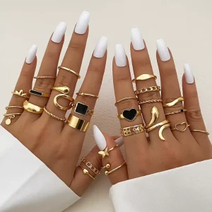 Fashion Gold Moon Snake Ring Vintage Punk Black Heart Butterfly Rings Set for Women Accessories