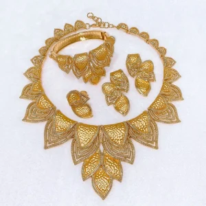 Fashion Gold Plated 4Pcs Jewelry Set Hammered Leaf Bib Necklace Earrings Bracelet Ring for Women Wedding Party