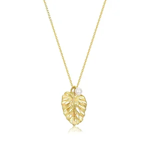 Fashion Gold Plated Brushed Leaf Zircon Lin Chain Necklace Silver Jewelry Necklaces with Pearl