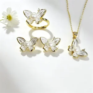 Fashion Gold Plated Butterfly Necklace Silver Plating Butterfly Necklace Earring Ring Set Women Jewelry