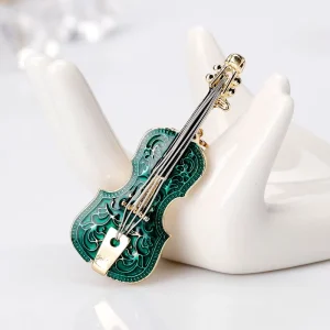 Fashion Gold Plated Green Enamel Violin Brooch Metal Corsage for Women Men Music Lovers Music Theme Gift