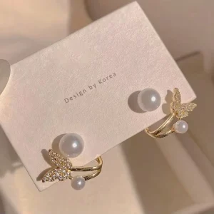 Fashion Gold Plated Silver Needle Zircon Butterfly Pearl Double Earrings New Elegant Jewelry for Women