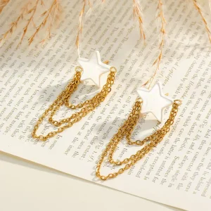 Fashion Gold Plated Stainless Steel Geometric Pentagram Pattern Drop Tassel Earrings for Women Luxury Minimalist Jewelry