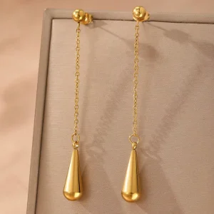 Fashion Gold Plated Stainless Steel Water Drop Pendant Earrings with Ball Tassel for Women Wedding Occasion