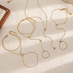 Fashion Gold Plated Stainless Steel Zircon Geometric Beautiful Zircon Stone Flower Charm Hand Chain Bracelet Necklace Jewelry
