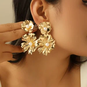 Fashion Gold Plating Big Pearl Flower Earrings Jewelry NE0048