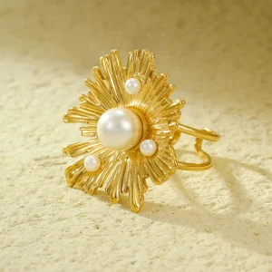 Fashion Gold Rings Jewelry Pearl 18k PVD Ocean Flower Fashion Pearl Ring Ladies Summer Jewelry Stainless Steel