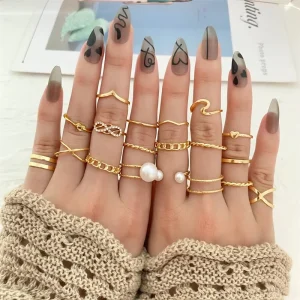 Fashion Gold Rings Set for Women Pearl Chain Minimalist Women Ring Set Jewelry