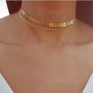 Fashion Gold Silver Fish Bone Layered Choker Necklace Jewelry for Women