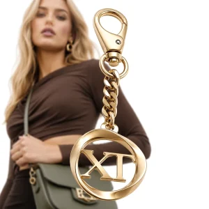 Fashion Gold Tone Custom Monogram Circle Pendant with Sage Green Enamel Accent Curb Chain Bag Metal Charm