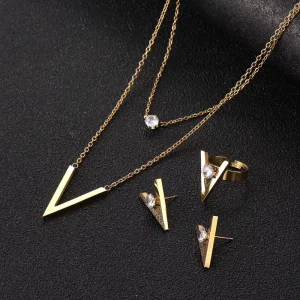 Fashion Gold V Type Titanium Stainless Steel 18k Gold Plated Earrings Necklace Zircon Jewelry Set Wedding Party High