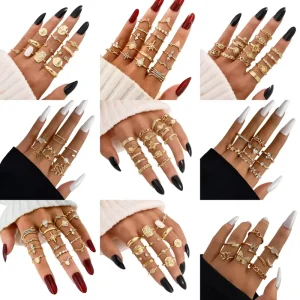 Fashion Gold plated Relief Portrait White Drop Oil Ring Set for Women Fashionable Rhinestone Jewelry