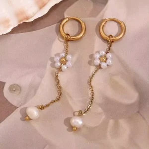Fashion Handmade Fresh Water Pearl Flower Drop Earrings Anti Tarnish 316L 18K PVD Jewelry