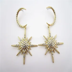 Fashion Handmade Gold Plated Diamond Pendant Earrings with Bezel Setting for Women Star and Moon Design Alloy