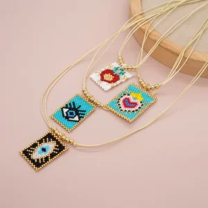 Fashion Handmade Jewelry Gold Plated Beads Colorful Miyuki Eye Heart Custom Pattern Pendant Adjustable Necklace for Women
