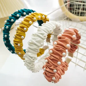 Fashion Handmade Solid Color Wrinkled Satin Fabric Hairband Women Hair Accessories Pearl Headband for Girls