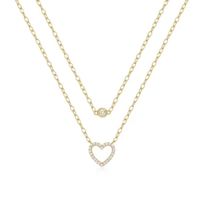 Fashion Heart Design Charm Jewelry 925 Silver Zircon Necklace Gold Plated Chain Double Layer Necklace for Women